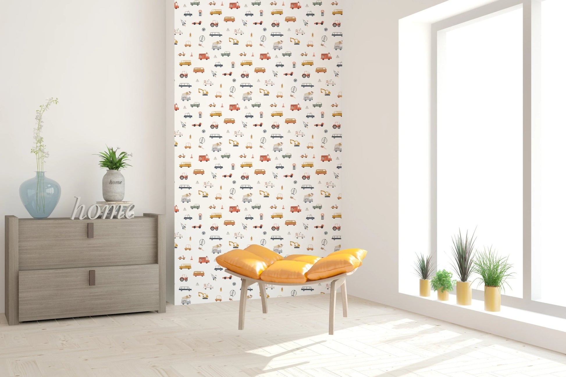 Hand-drawn trucks and cars kids room wall decor.