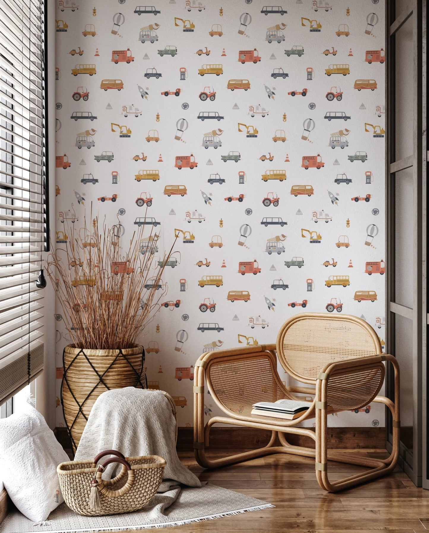 Playful transport pattern wallpaper for nurseries.