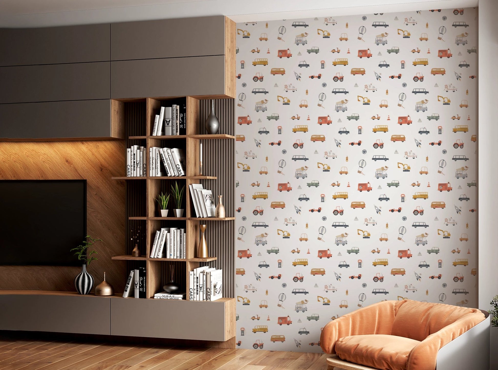 Multi-colored car print wallpaper for playrooms.