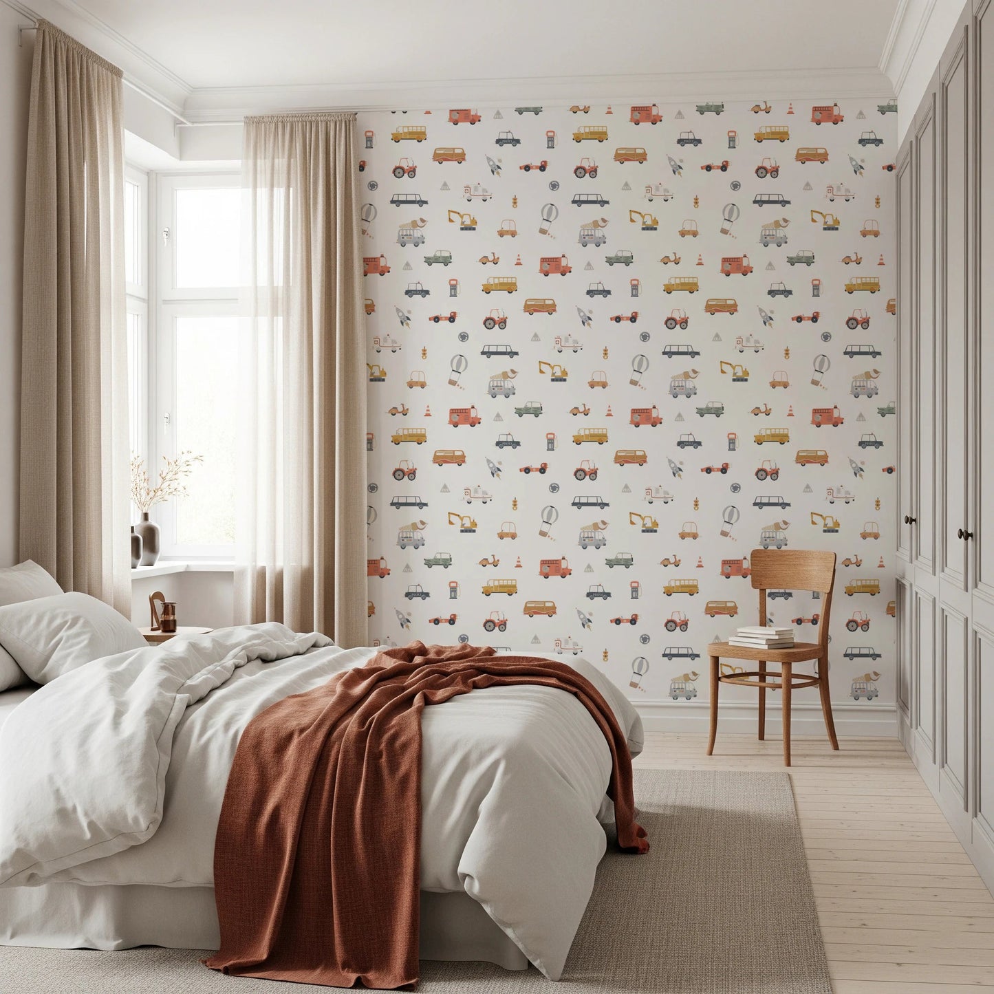 Scandi style transport wallpaper with cars.