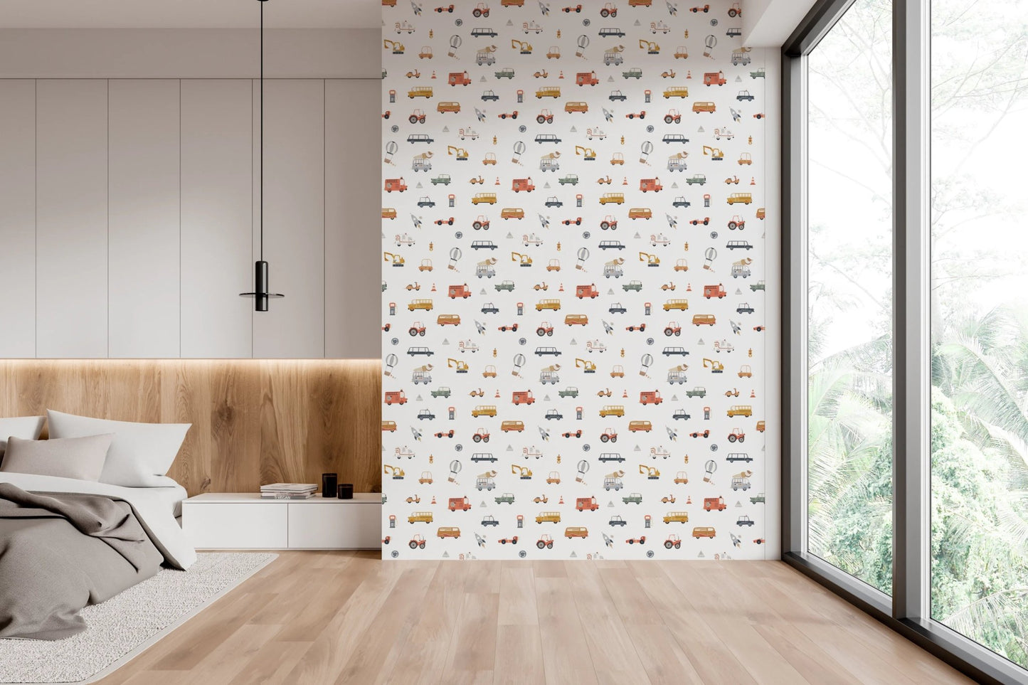 Transportation theme wallpaper for toddler rooms.