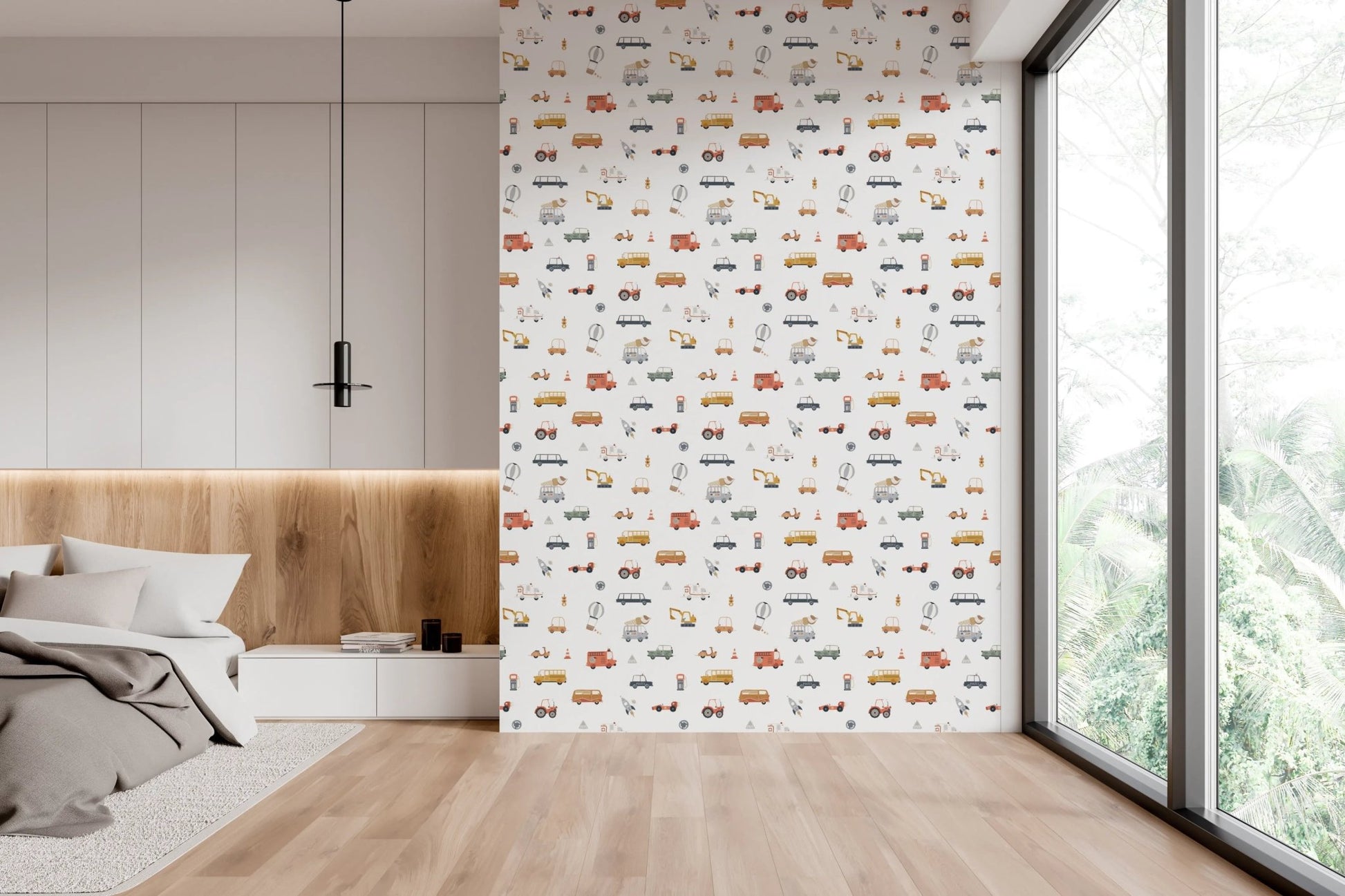 Transportation theme wallpaper for toddler rooms.