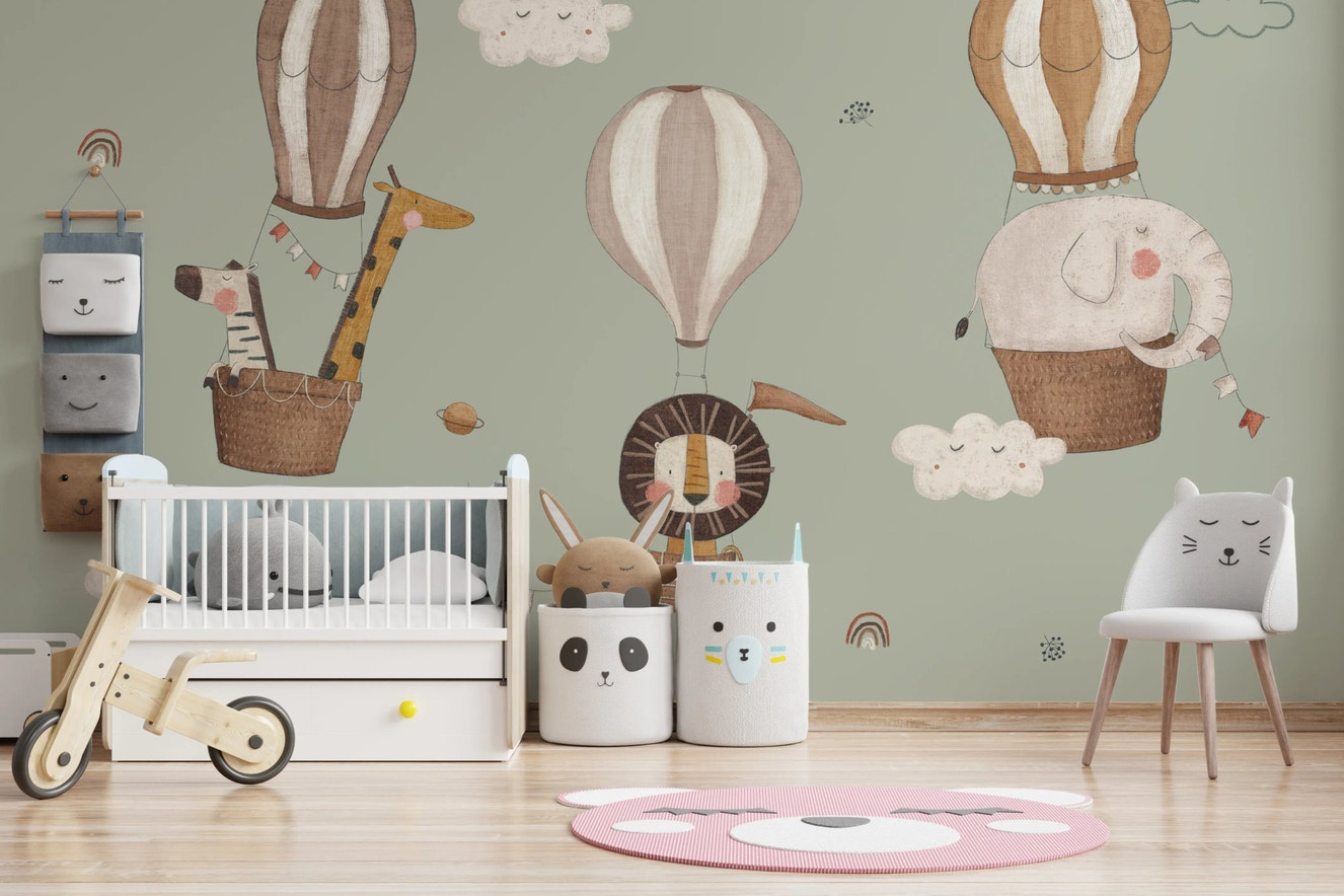 Whimsical Animal Balloon Ride Green Wall Mural with zebra and giraffe.