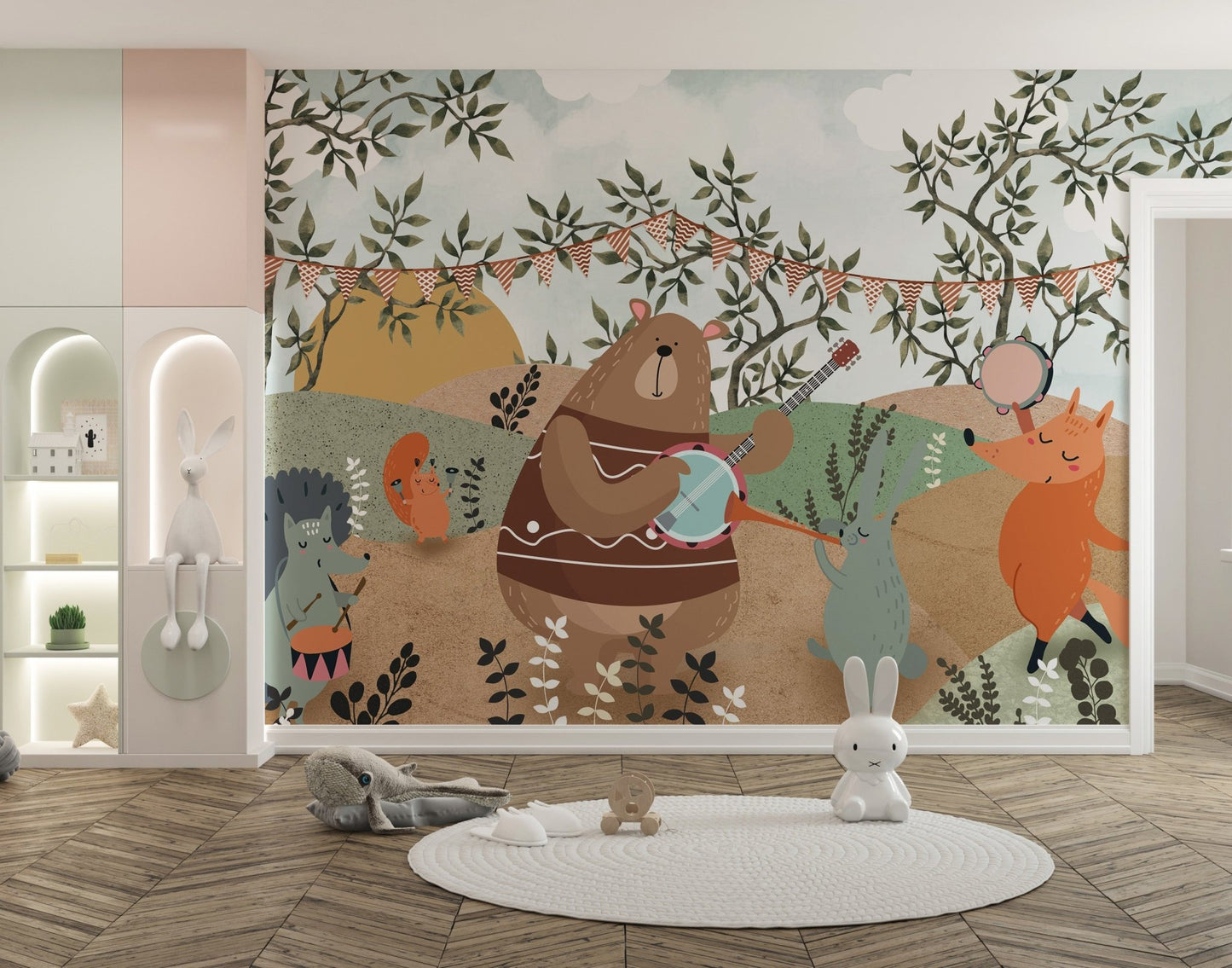 Cartoon wildlife wall mural with bear, fox and bunny musicians.