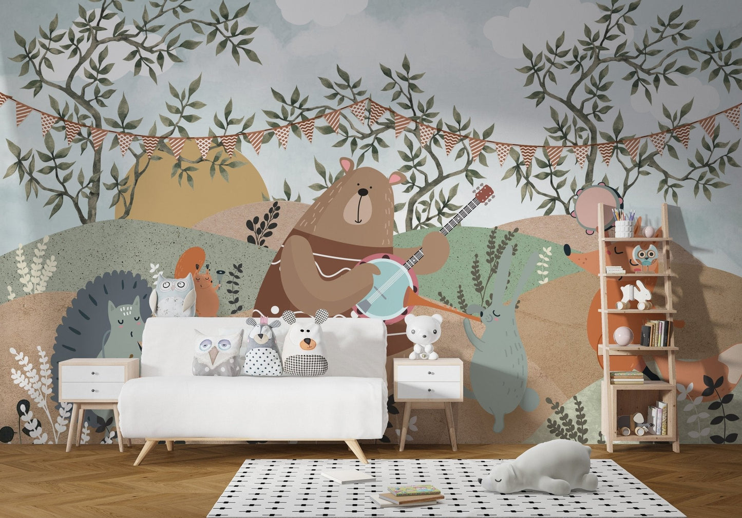 Whimsical animal band wall mural with forest animals playing instruments.