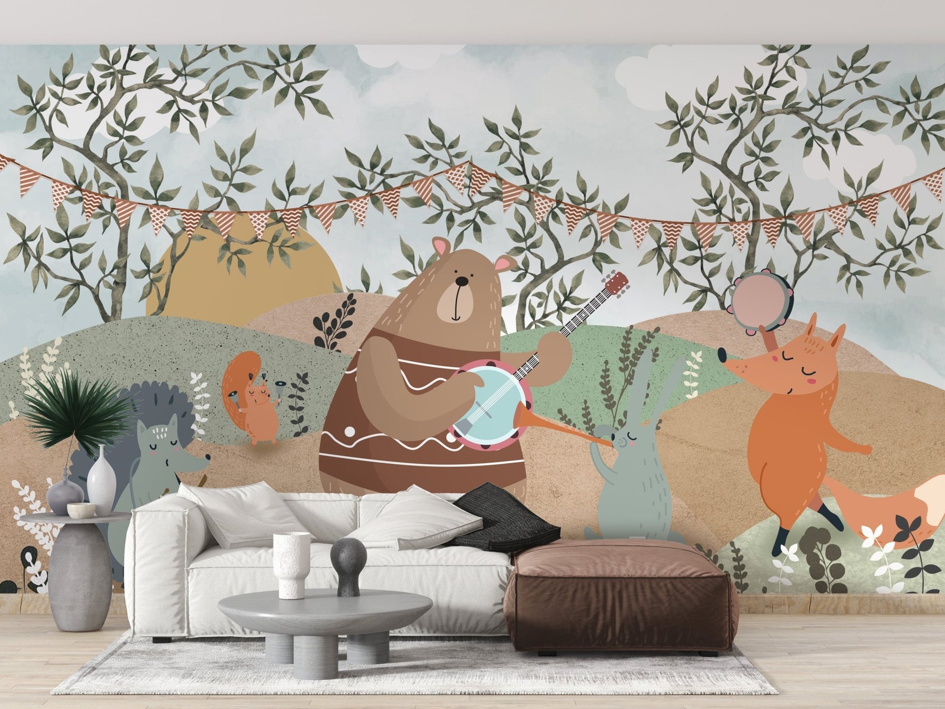 Playful woodland animal wallpaper mural with musical theme.