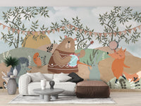 Playful woodland animal wallpaper mural with musical theme.