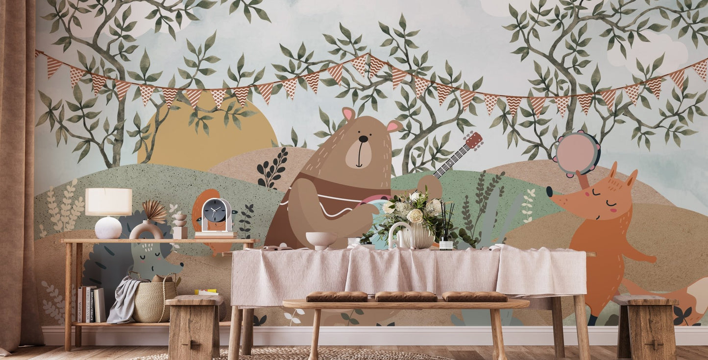 Modern kids style wall mural featuring illustrated animal orchestra.