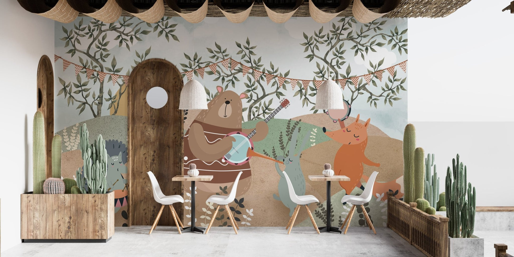 Whimsical animal concert wall mural with playful line detailing.