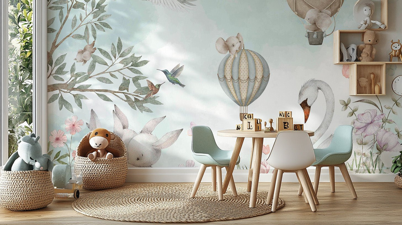 Whimsical Animal Hot Air Wallpaper Mural - Wallanza