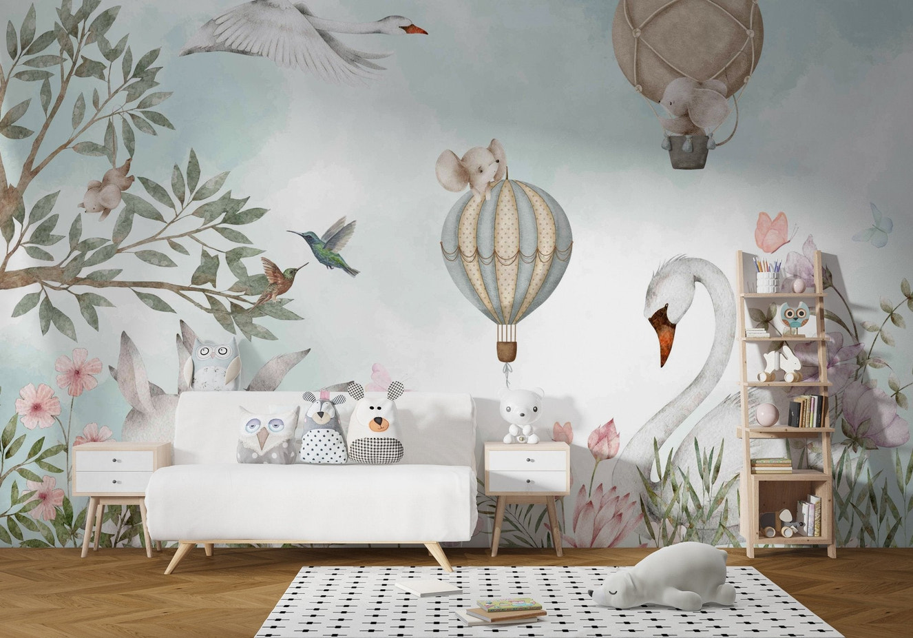 Watercolor safari wallpaper mural with hot air balloons and soft tones.