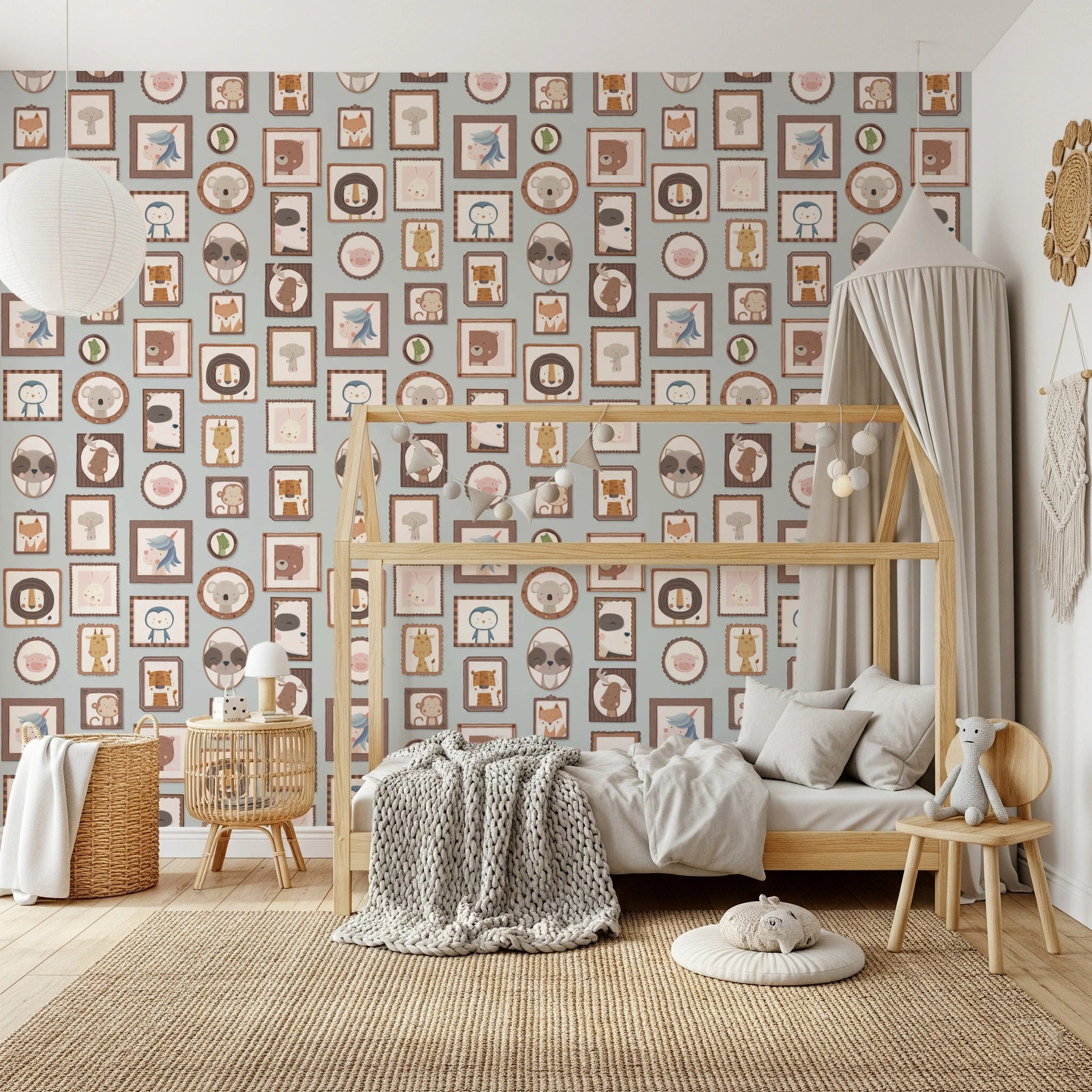 Whimsical framed animal sketches wallpaper murals.