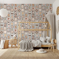Whimsical framed animal sketches wallpaper murals.
