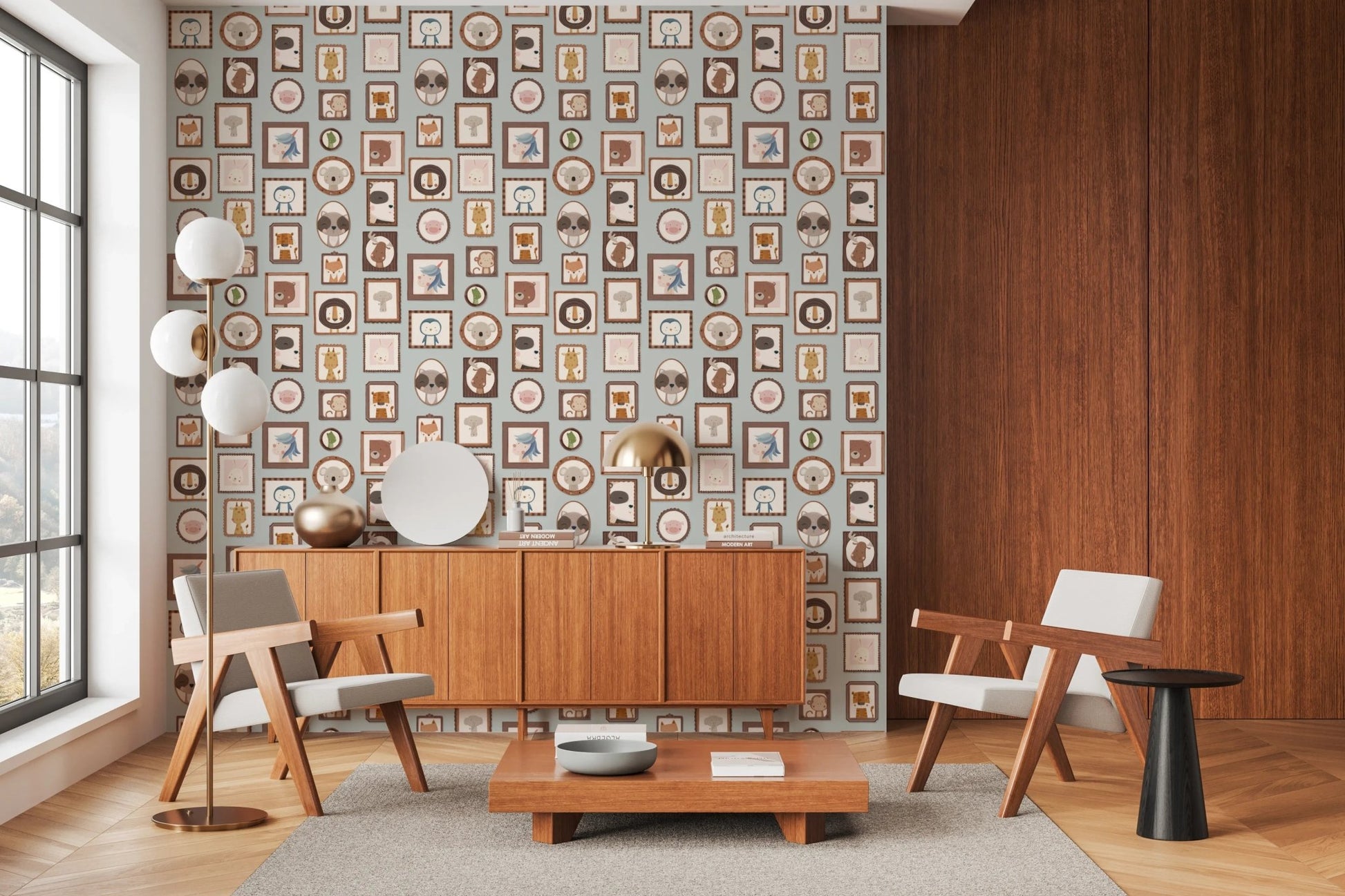 Soft-toned illustrated safari pets wall murals.