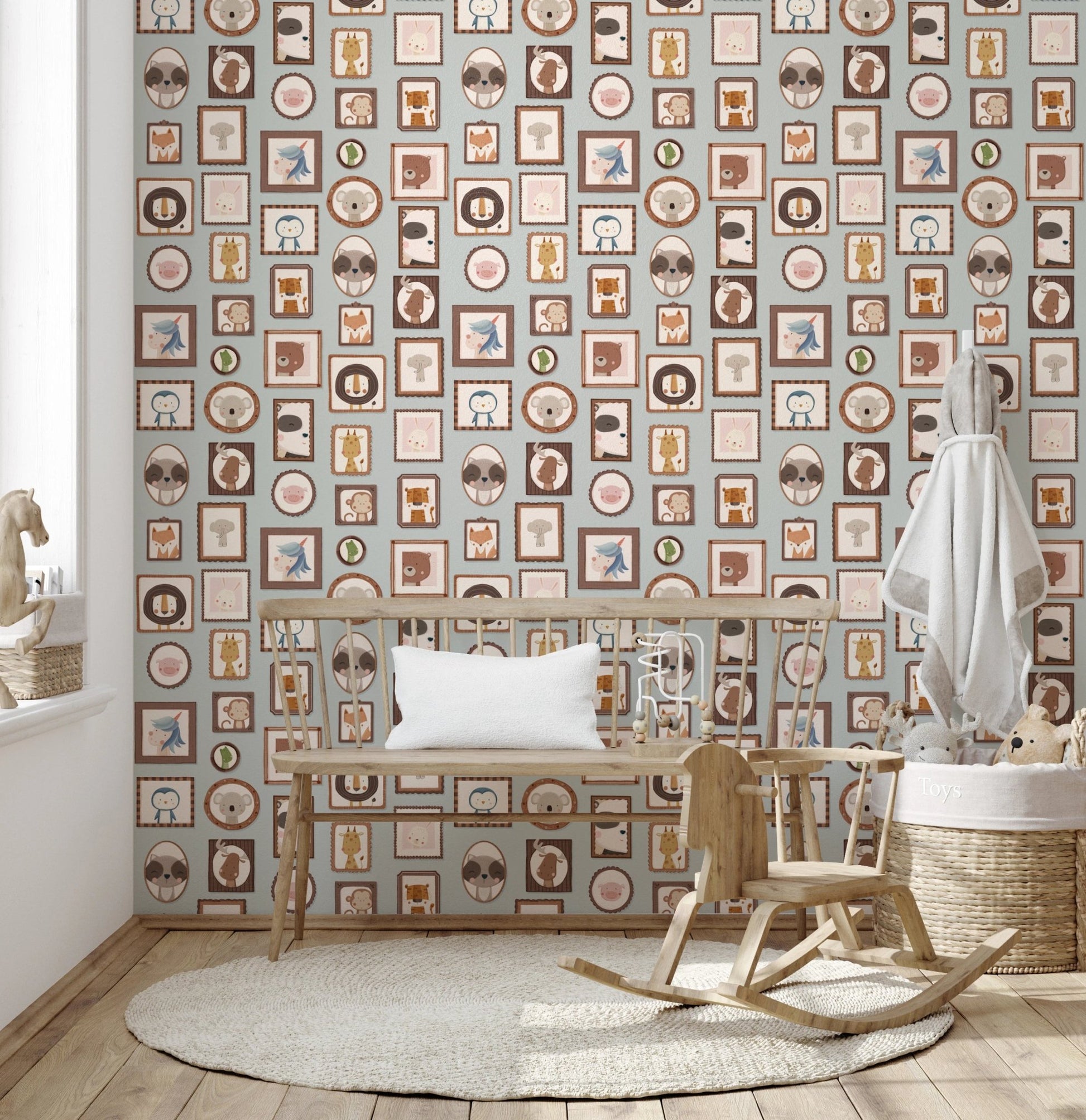 Playful framed woodland friends wallpaper murals.