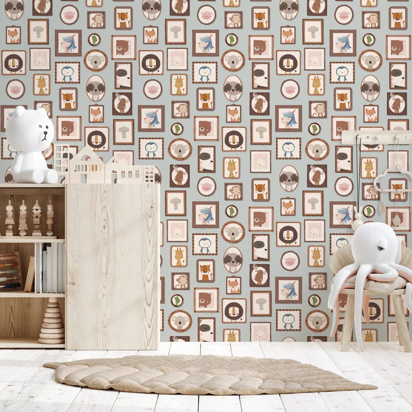 Hand-drawn animal gallery wall murals with cute frames.