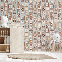 Hand-drawn animal gallery wall murals with cute frames.