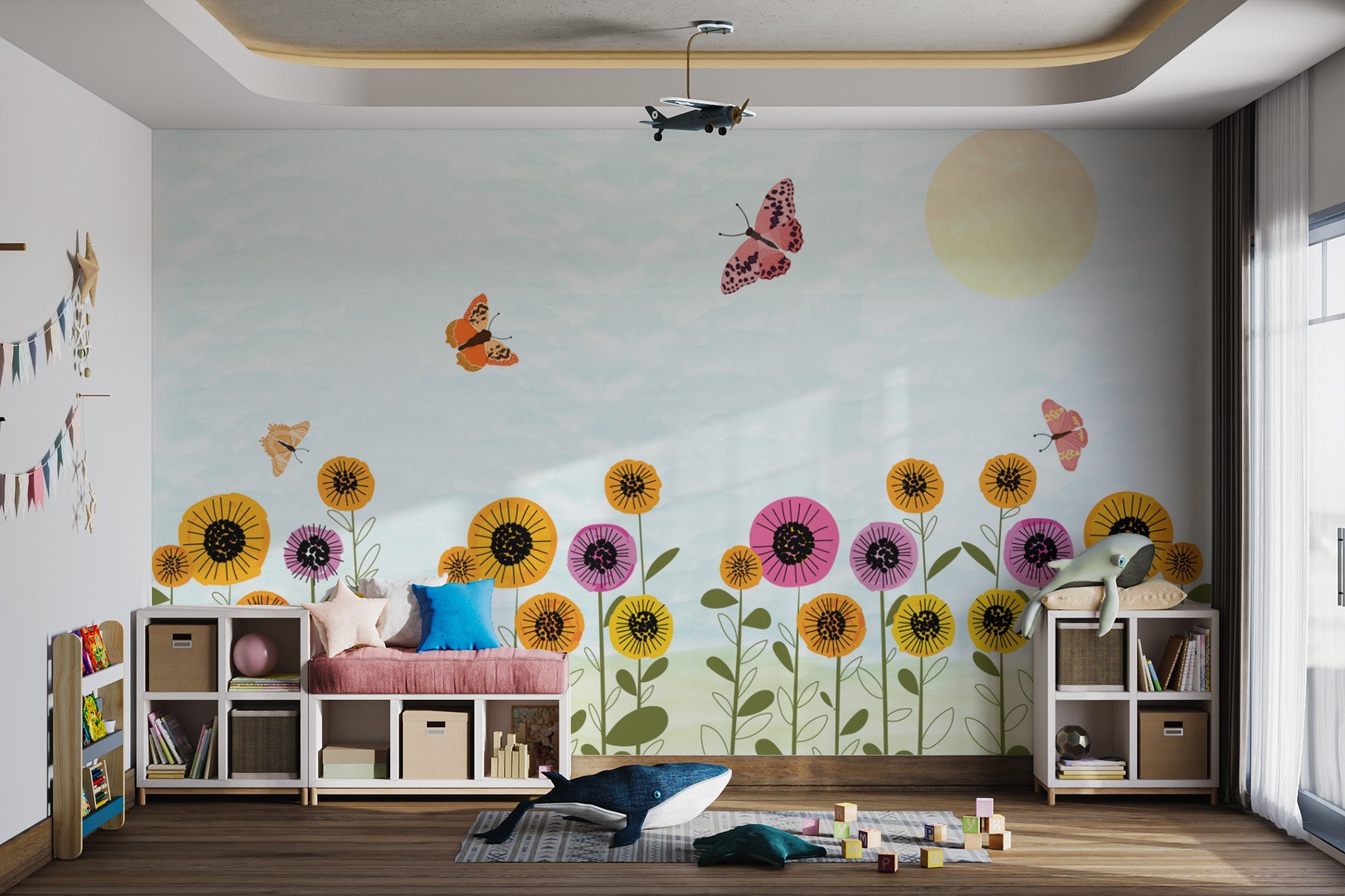 Hand-drawn butterfly wallpaper featuring pink flowers and orange butterflies.