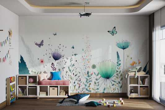 Delicate teal butterflies flying over meadow wall mural for feature walls.