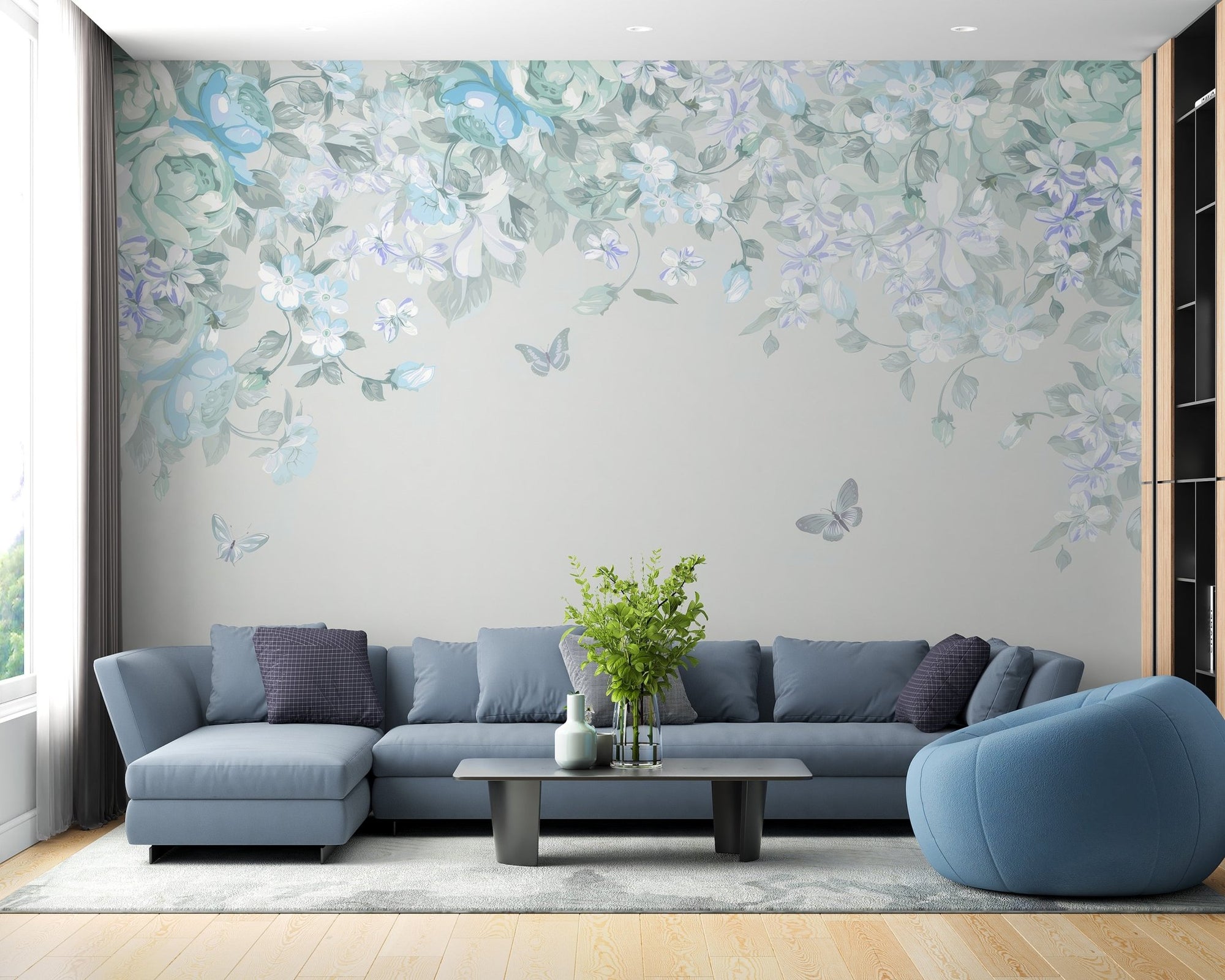 Whimsical butterfly meadow wall mural with airy blooms and butterflies.