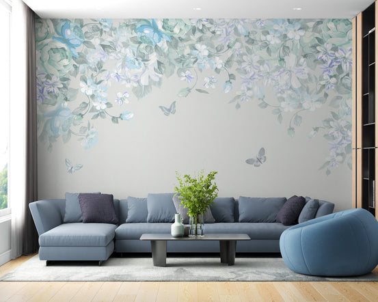 Whimsical butterfly meadow wall mural with airy blooms and butterflies.