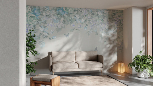 Pastel floral meadow wallpaper mural with soft blue petals and light foliage.