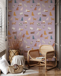 A gathering of quirky cats in a soft pastel wonderland.