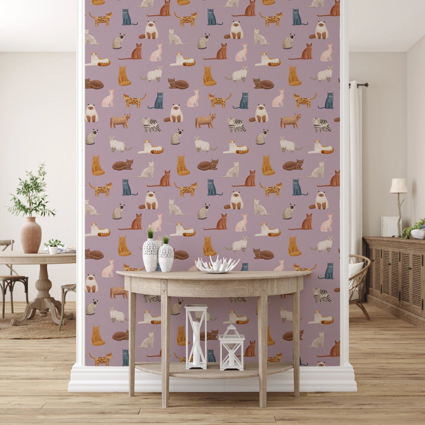 Storybook kitties with rosy cheeks on a lilac backdrop.