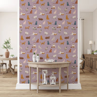 Storybook kitties with rosy cheeks on a lilac backdrop.