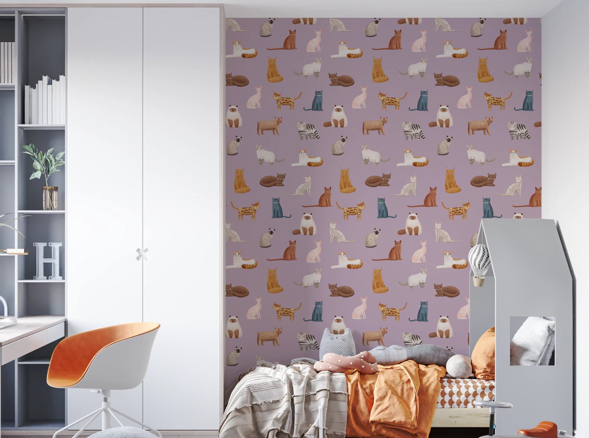 Painted ginger and grey cats in a silent, cozy parade.