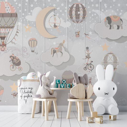 Whimsical circus wallpaper mural with hot air balloons and clouds.