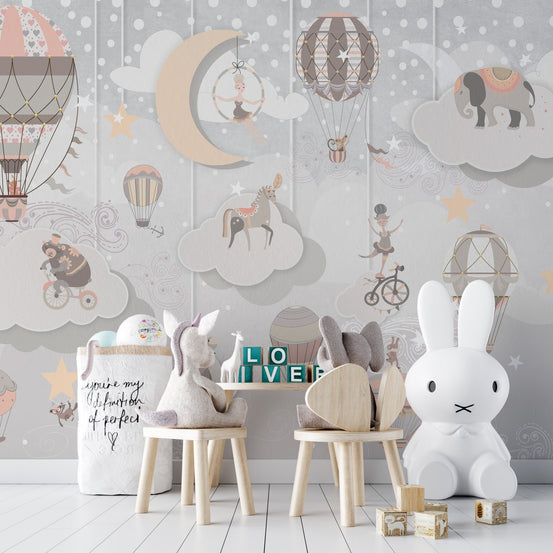 Whimsical circus wallpaper mural with hot air balloons and clouds.