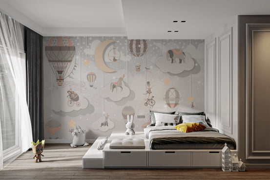 Pastel circus wallpaper mural with moon, stars and floating balloons.