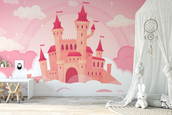 Whimsical Cloud Castle Cartoon Murals in a kids bedroom with a white canopy tent.