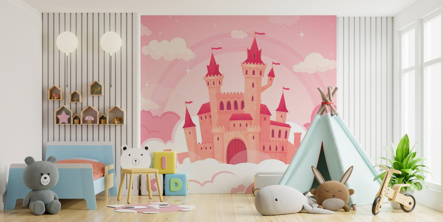 Pink castle wall mural behind a teal play tent and wooden floor in a playroom.
