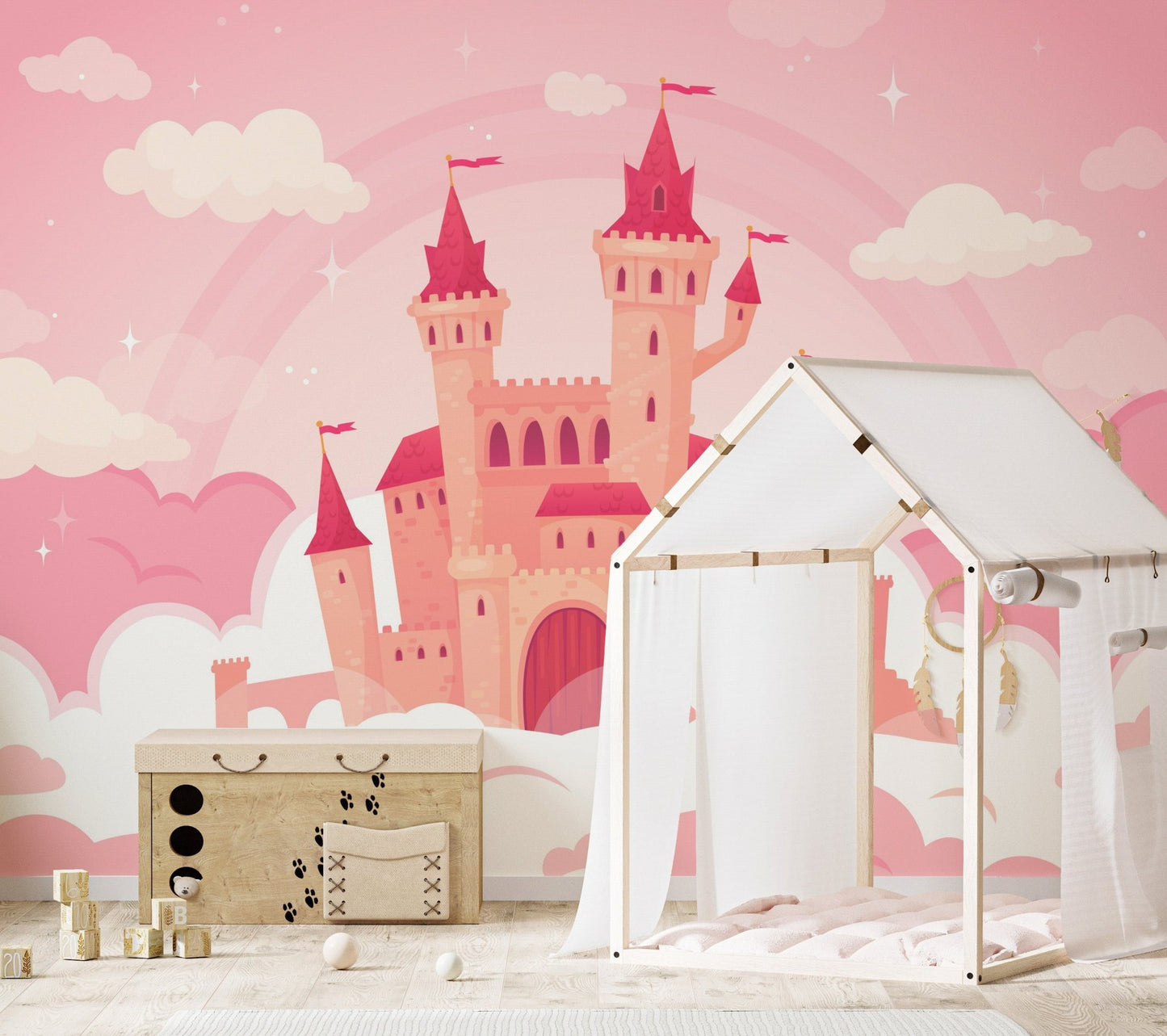 Whimsical Cloud Castle Cartoon Murals in a nursery with a white frame playhouse.