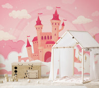 Whimsical Cloud Castle Cartoon Murals in a nursery with a white frame playhouse.