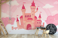 Whimsical Cloud Castle Cartoon Murals in a creative space with a black stool.