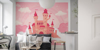 Cartoon palace wall mural in a small living room with a grey sofa and wooden table.
