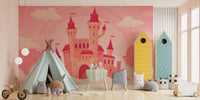 Cartoon castle wall mural with rainbow and clouds behind house-shaped storage units.