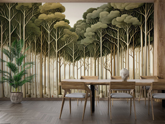 Whimsical fantasy forest wallpaper featuring tall cream trees and sage leaves.