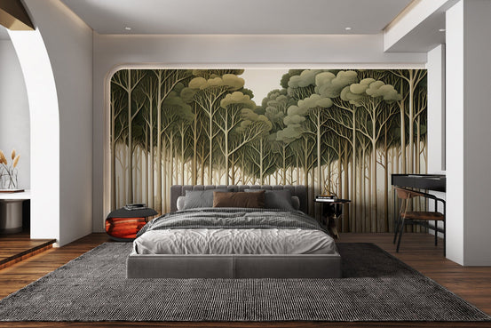 Illustrated fairytale forest wall mural in a soft vintage art style.