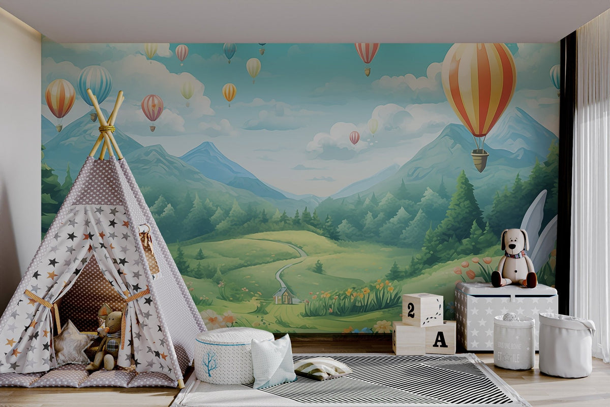 Storybook style valley with hot air balloon wallpaper.