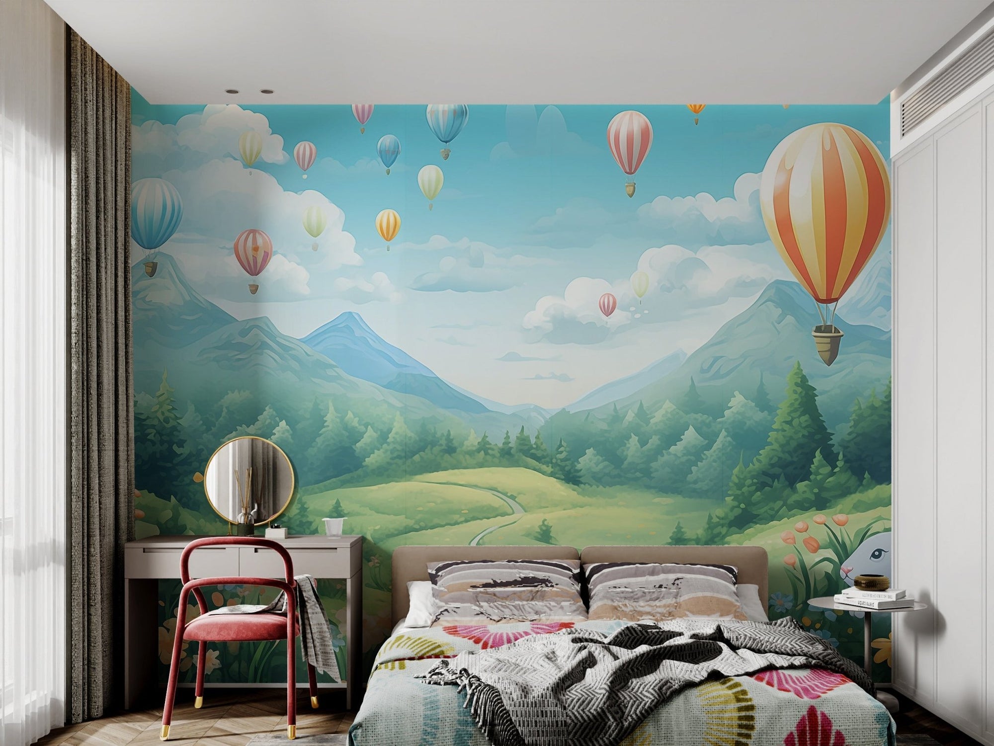 Pastel hot air balloon wallpaper with mountain scenery.