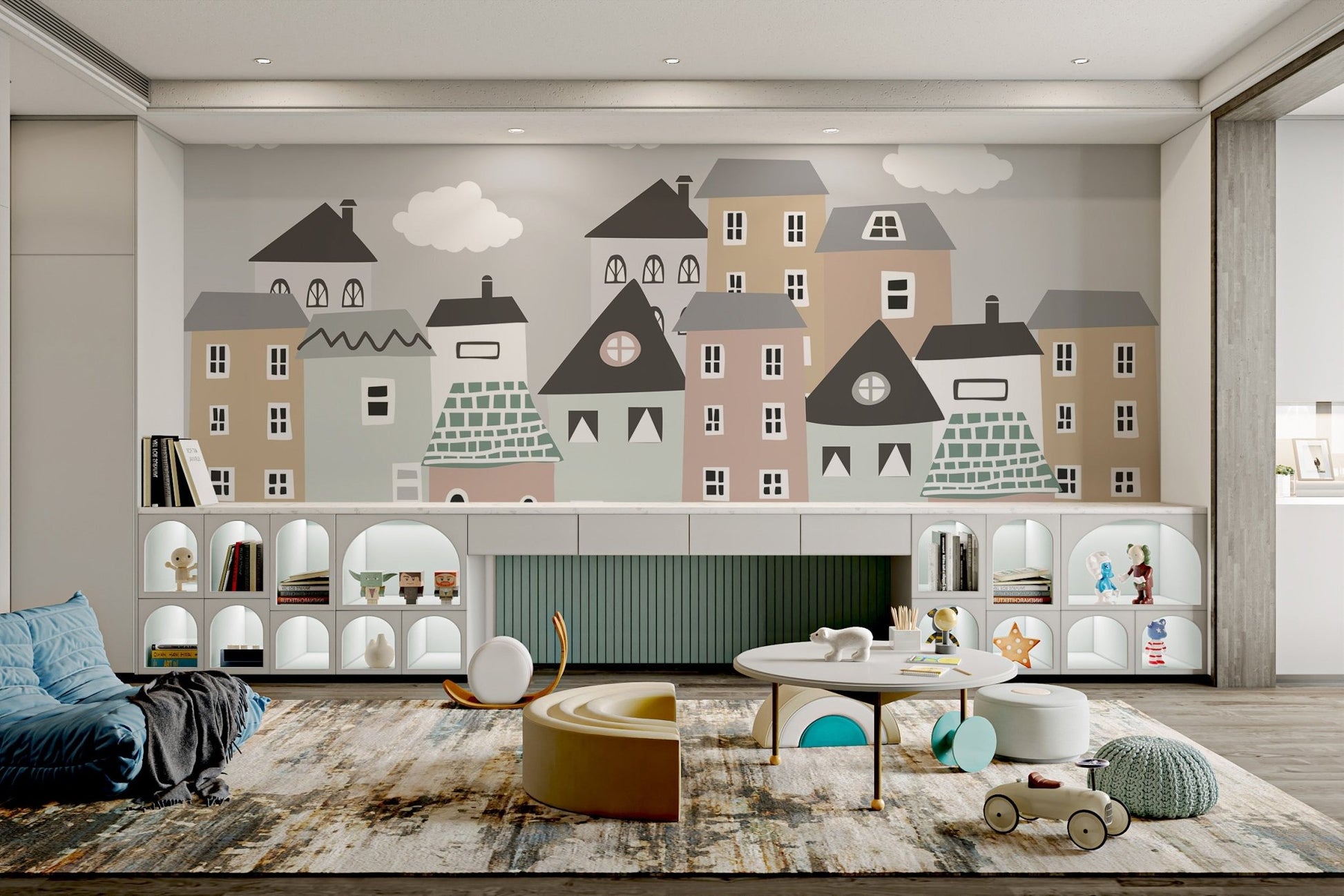 Whimsical house-themed mural for cozy nursery spaces.