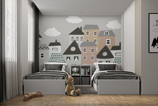 Pastel scandinavian houses pattern wall mural in soft neutral color palette.