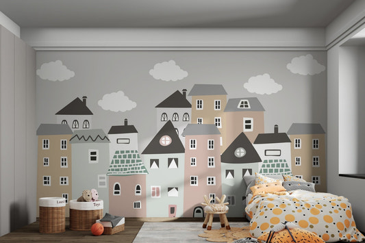Adorable wall mural with whimsical houses for kids bedroom.