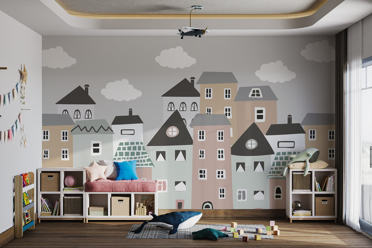 Fun and creative wall mural with charming houses for kids room.