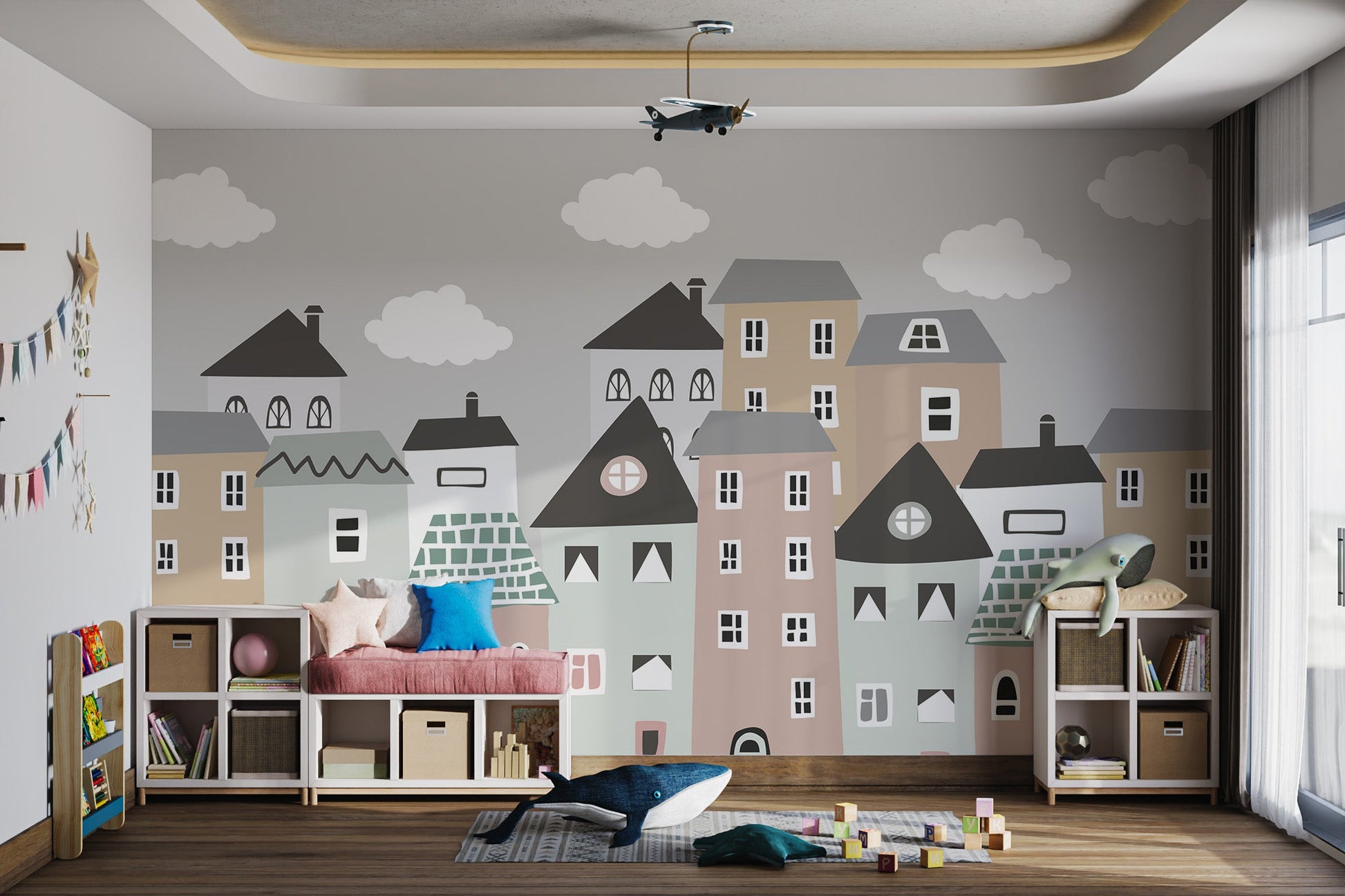 Fun and creative wall mural with charming houses for kids room.