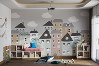 Fun and creative wall mural with charming houses for kids room.